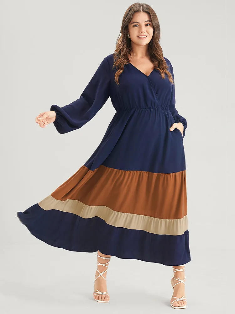 Bloom Dress -Colorblock Contrast Pocket Lantern Sleeve Flutter Surplice Neck Maxi Dress sold by Bloomchic