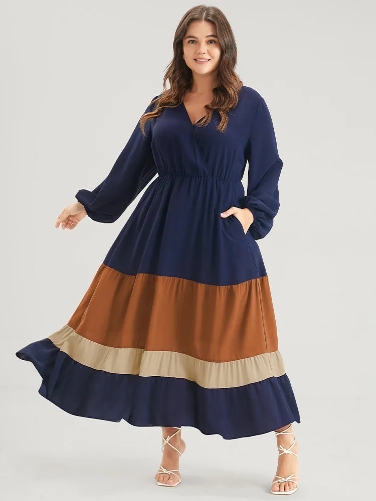 Bloom Dress -Colorblock Contrast Pocket Lantern Sleeve Flutter Surplice Neck Maxi Dress sold by Bloomchic product image thumbnail 3