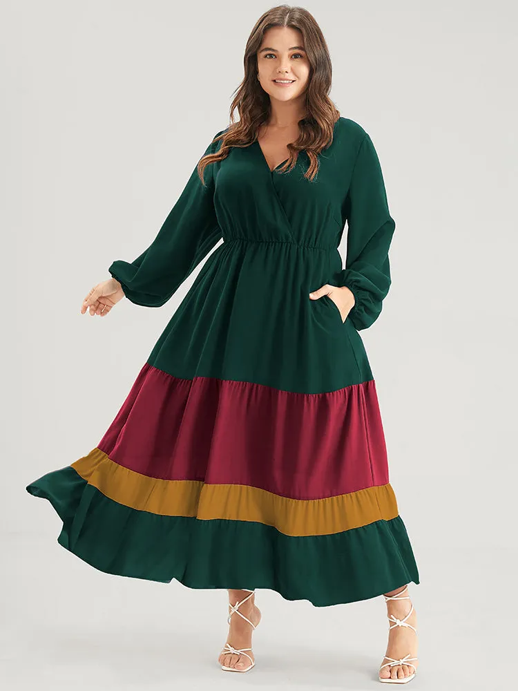 Bloom Dress -Colorblock Contrast Pocket Lantern Sleeve Flutter Surplice Neck Maxi Dress sold by Bloomchic product image thumbnail 5