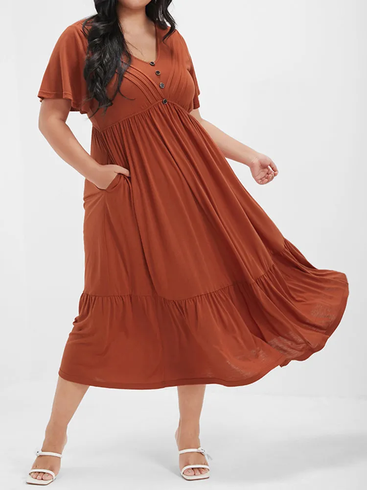 Solid V Neck Button Pocket Pleated Ruffle Maxi Dress sold by Bloomchic product image thumbnail 5