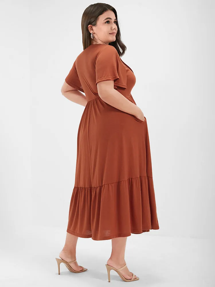 Solid V Neck Button Pocket Pleated Ruffle Maxi Dress sold by Bloomchic product image thumbnail 2