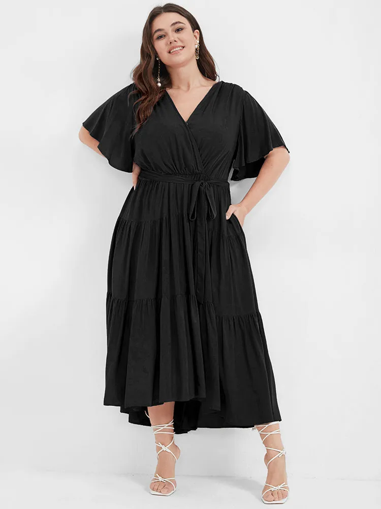Solid Button Pocket Belted Ruffles Wrap Midi Dress sold by Bloomchic product image thumbnail 4