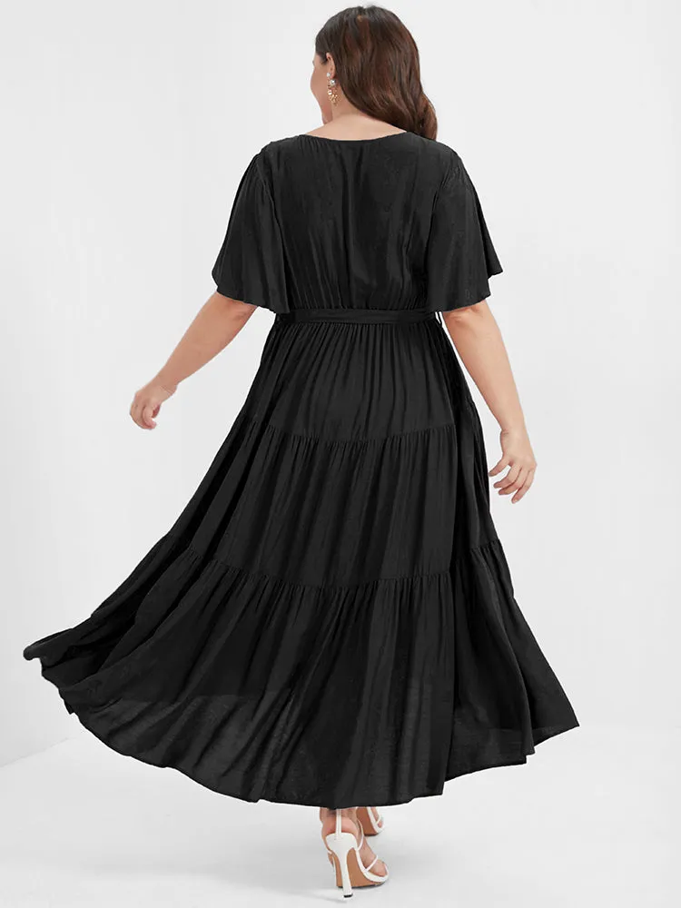 Solid Button Pocket Belted Ruffles Wrap Midi Dress sold by Bloomchic product image thumbnail 3