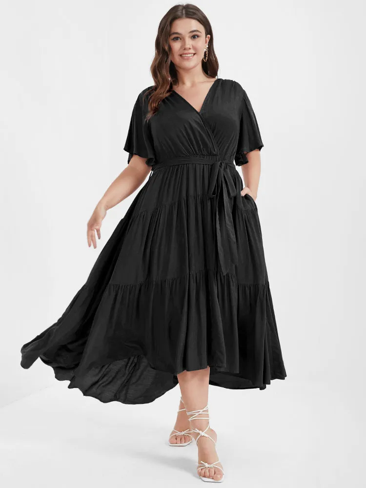 Solid Button Pocket Belted Ruffles Wrap Midi Dress sold by Bloomchic product image thumbnail 2