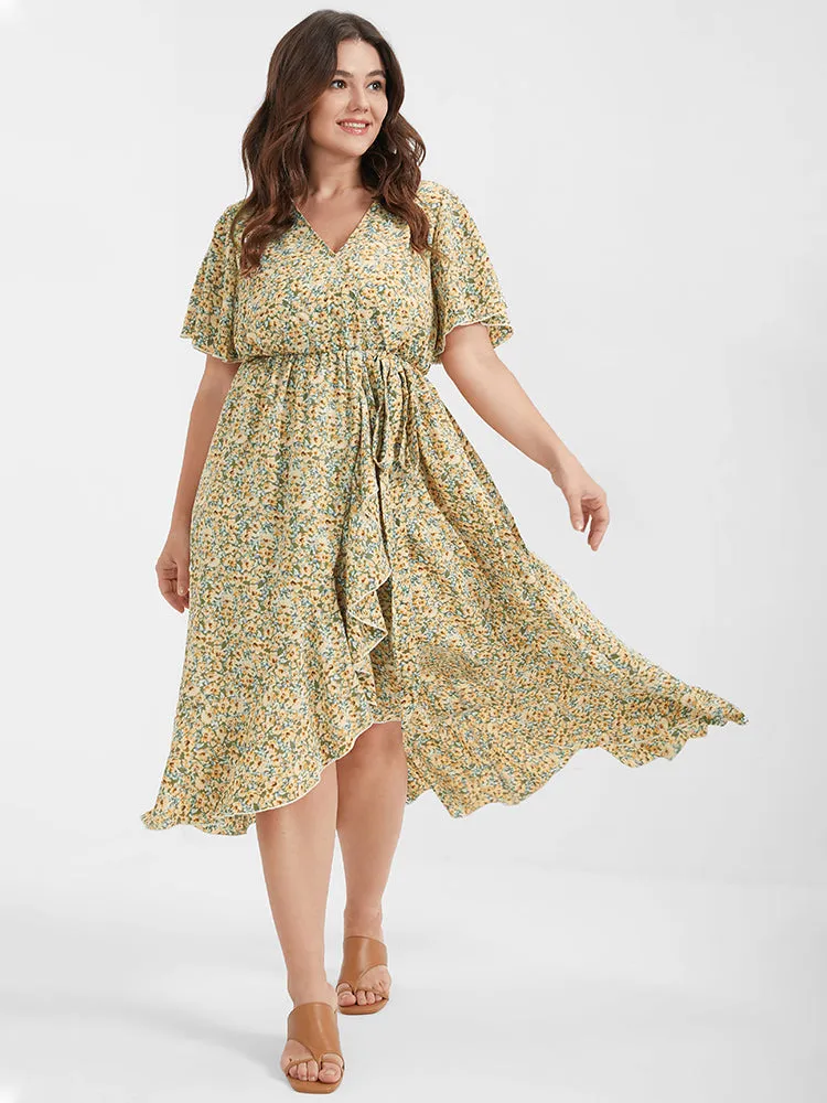 Ditsy Floral Ruffles Ties Split V Neck Dress sold by Bloomchic
