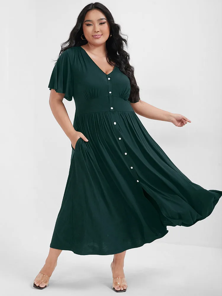 Solid Button Ruffled Split Pocket Modal Maxi Dress sold by Bloomchic