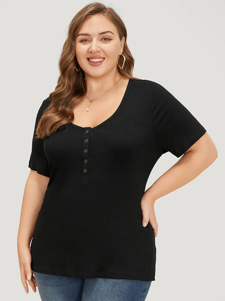 Plain Scoop Neck Button Through Rib Knit T-shirt sold by Bloomchic product image thumbnail 3
