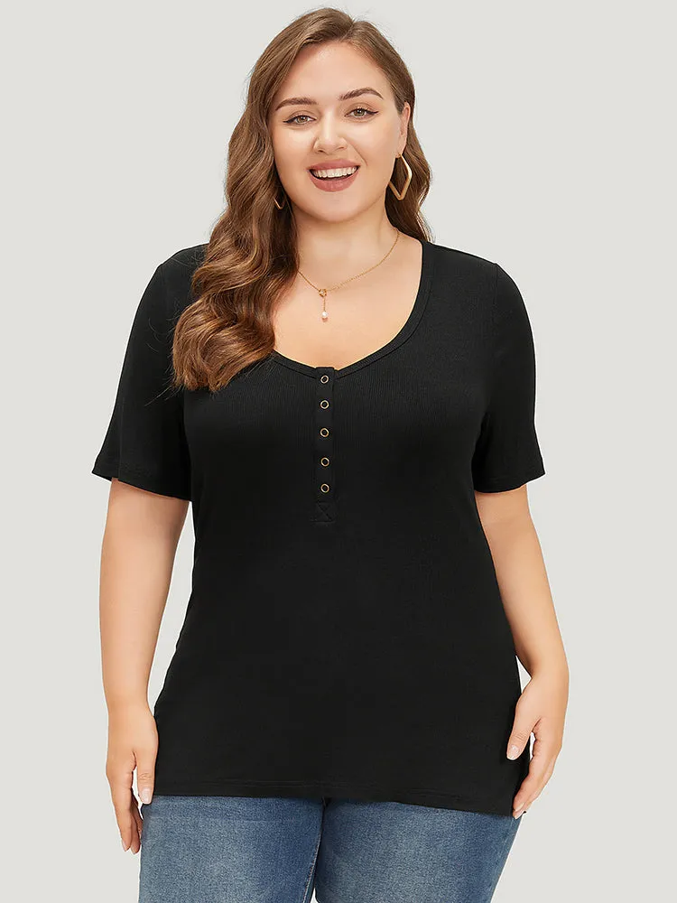 Plain Scoop Neck Button Through Rib Knit T-shirt sold by Bloomchic product image thumbnail 5