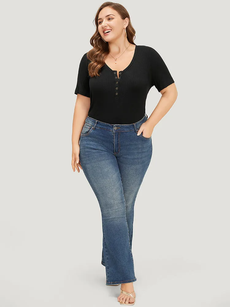 Plain Scoop Neck Button Through Rib Knit T-shirt sold by Bloomchic product image thumbnail 4