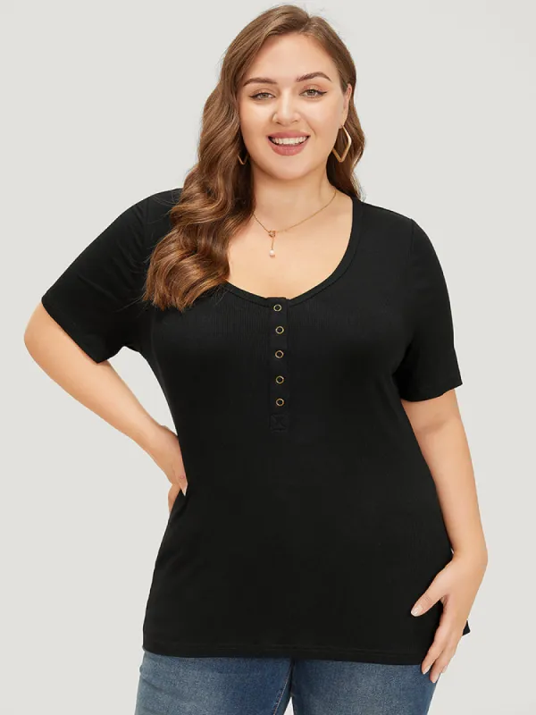 Plain Scoop Neck Button Through Rib Knit T-shirt sold by Bloomchic