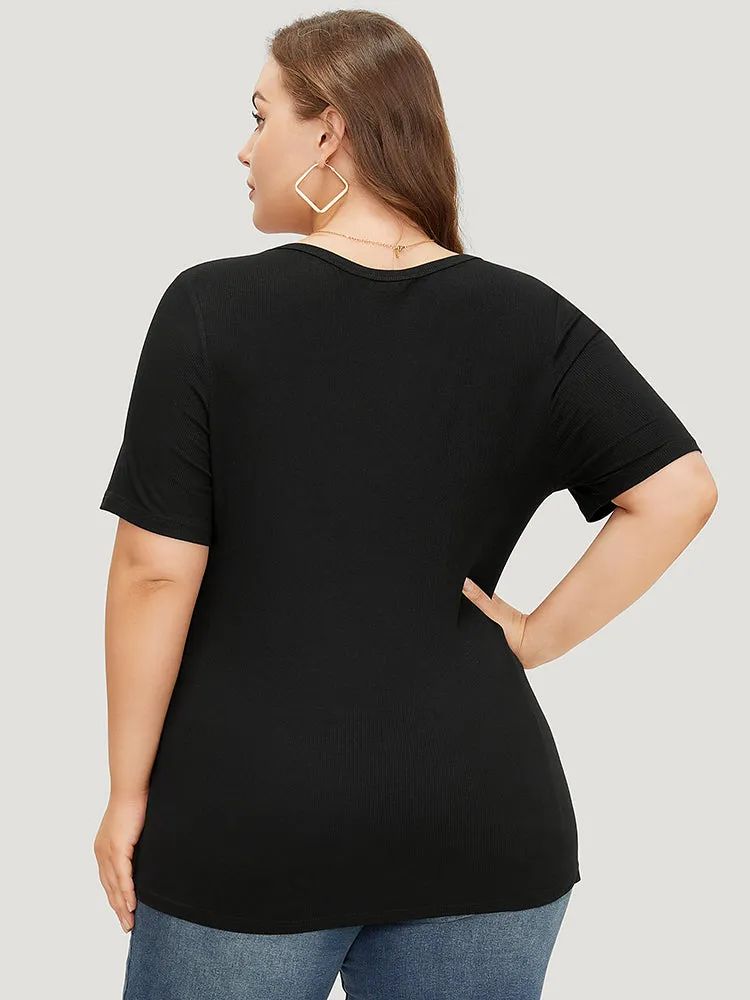 Plain Scoop Neck Button Through Rib Knit T-shirt sold by Bloomchic product image thumbnail 2