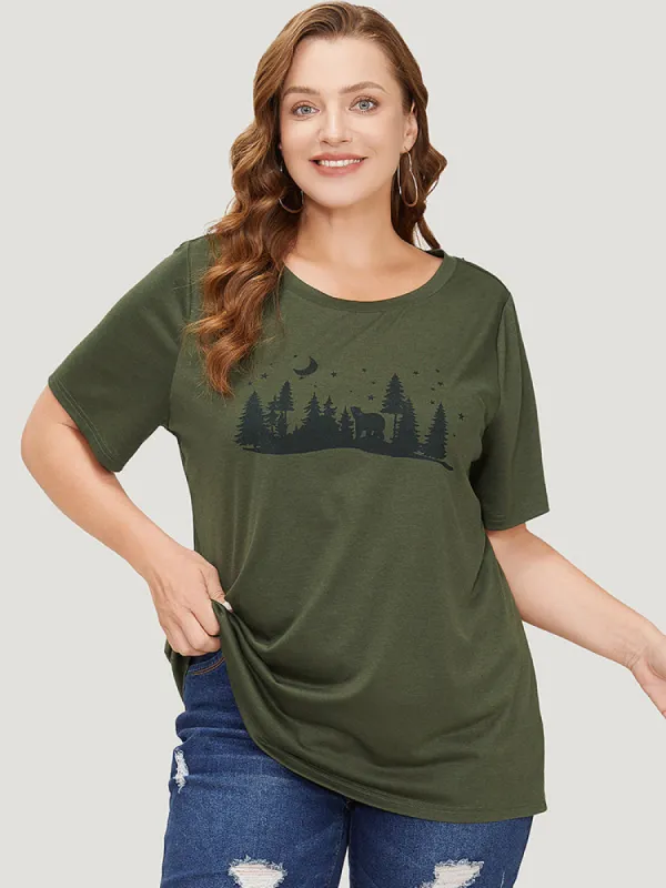 Tree & Moon Print Crew Neck Graphic Tee sold by Bloomchic