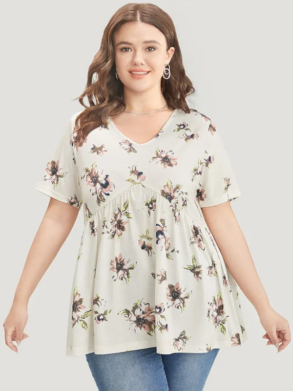 Floral Print Flutter Hem V Neck T-shirt sold by Bloomchic