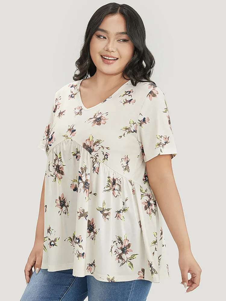 Floral Print Flutter Hem V Neck T-shirt sold by Bloomchic product image thumbnail 4