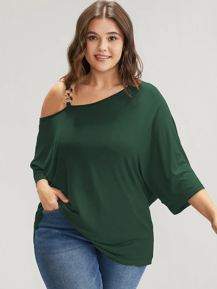 Plain Metal Button Dolman Sleeve One Shoulder Modal T-shirt sold by Bloomchic