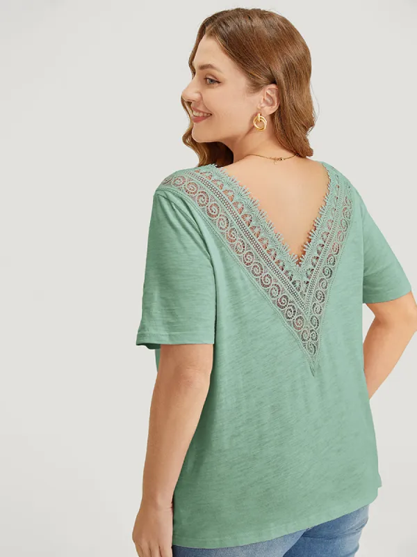 Plain V Neck Contrast Lace Backless T-shirt sold by Bloomchic