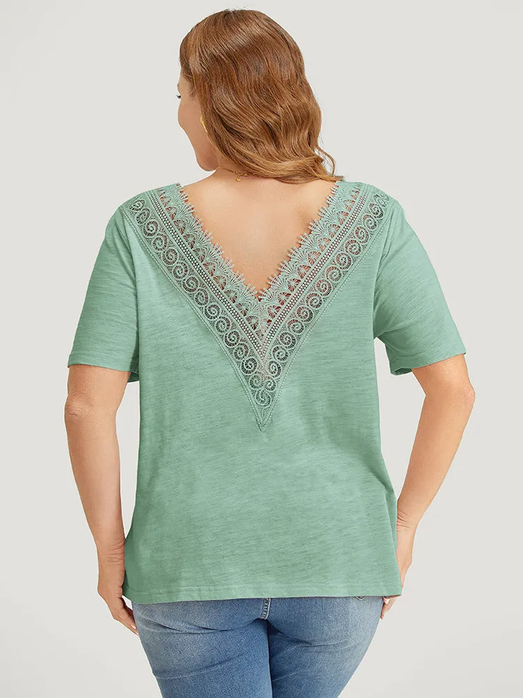 Plain V Neck Contrast Lace Backless T-shirt sold by Bloomchic product image thumbnail 3