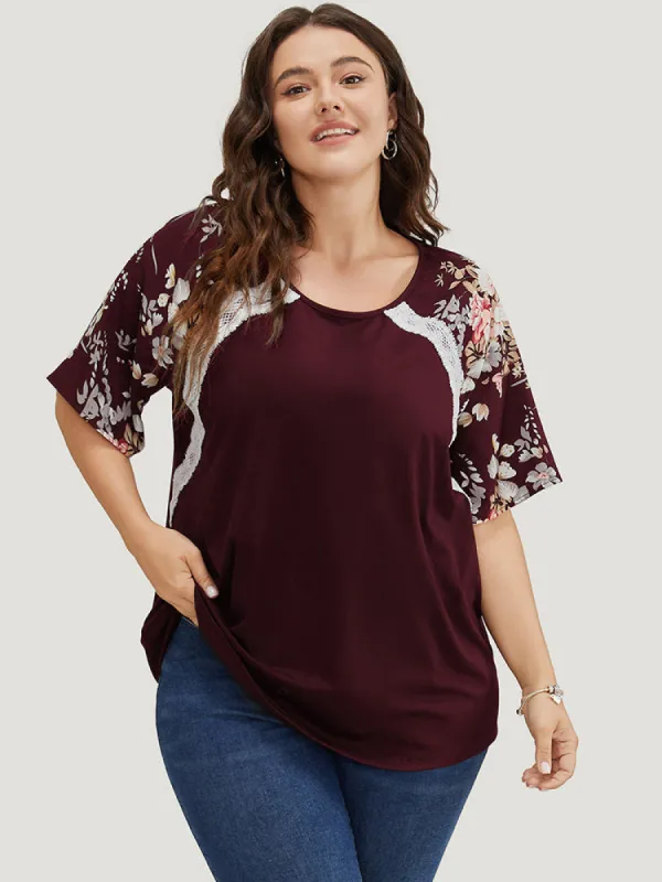 Floral Patchwork Lace Raglan Sleeve T-shirt sold by Bloomchic