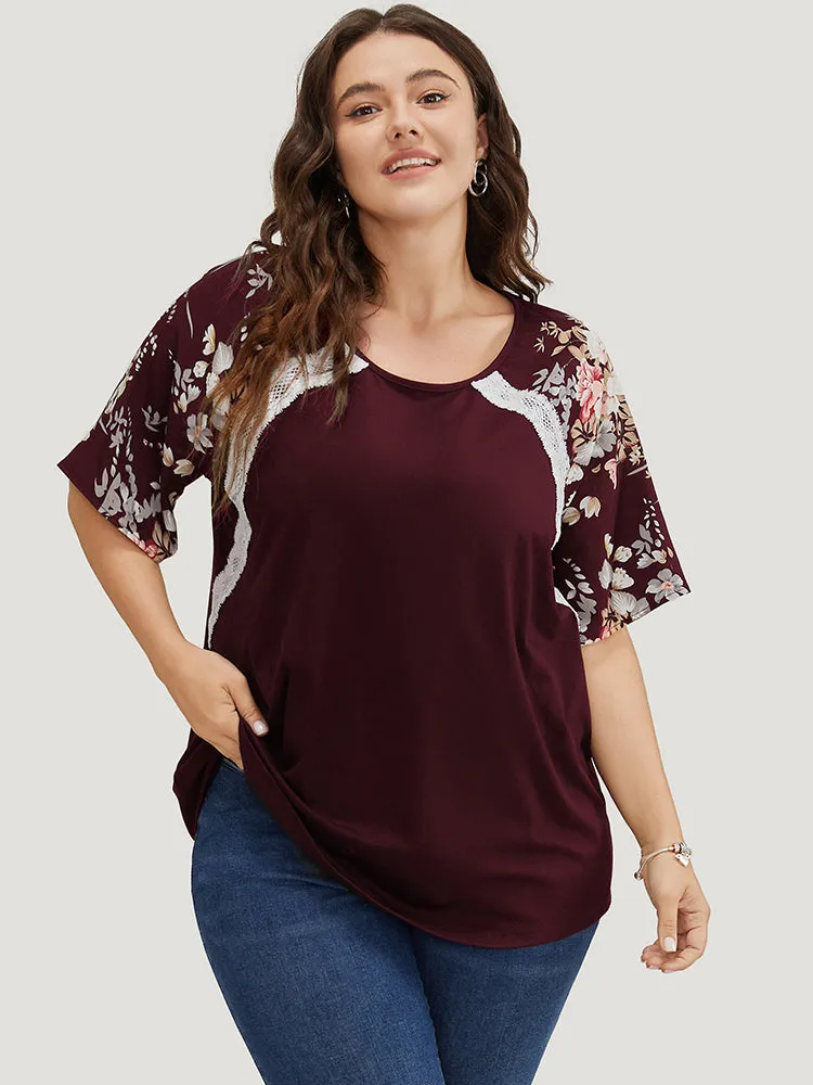 Floral Patchwork Lace Raglan Sleeve T-shirt sold by Bloomchic