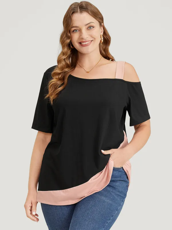 Two Tone Asymmetrical Neck T-shirt sold by Bloomchic