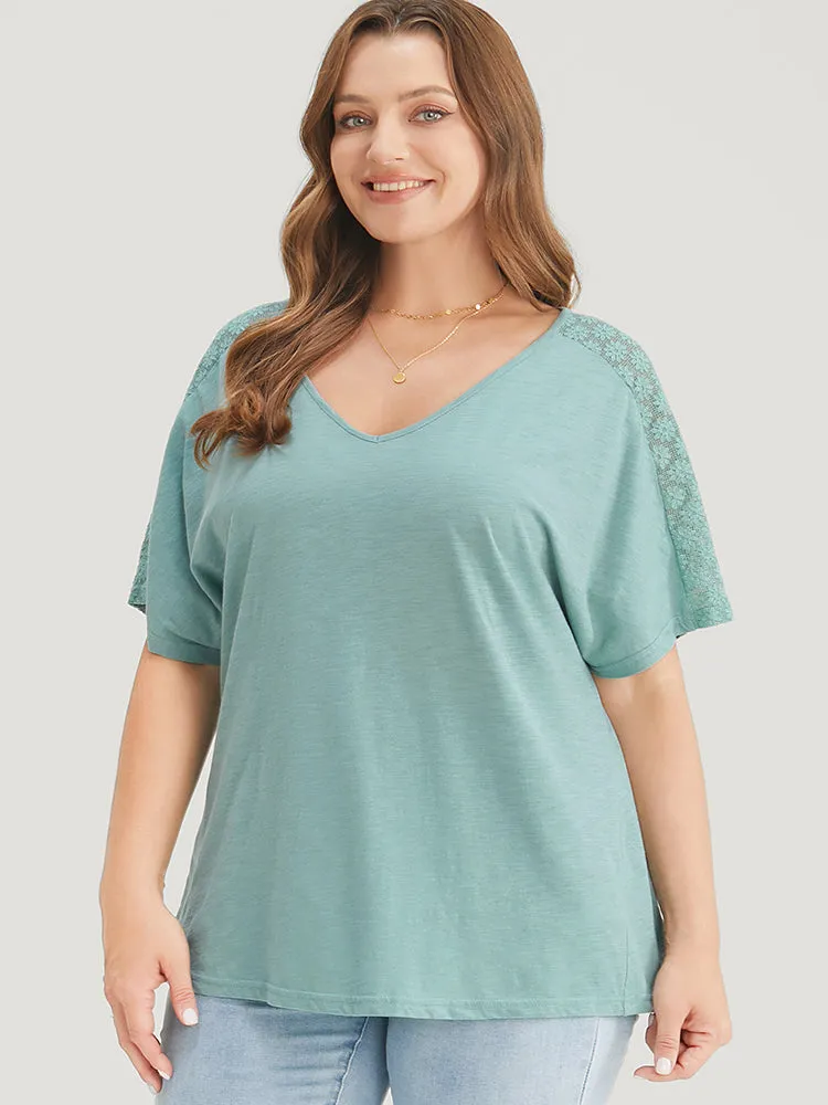 Solid Dolman Sleeve Contrast Lace Shoulder T-shirt sold by Bloomchic product image thumbnail 5