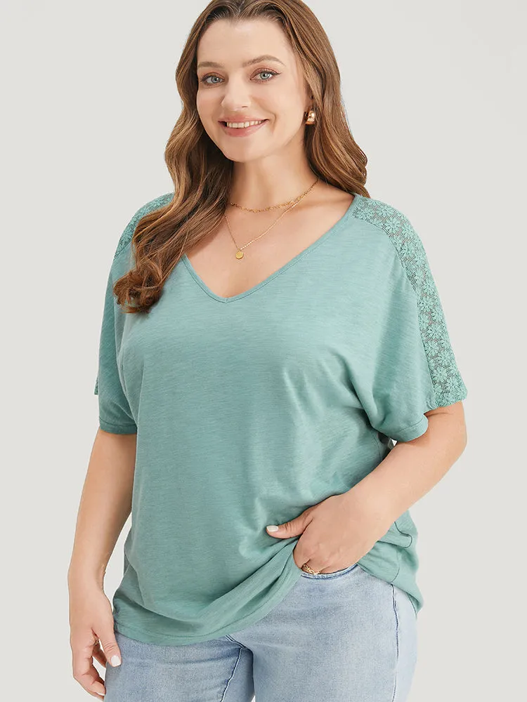 Solid Dolman Sleeve Contrast Lace Shoulder T-shirt sold by Bloomchic product image thumbnail 2