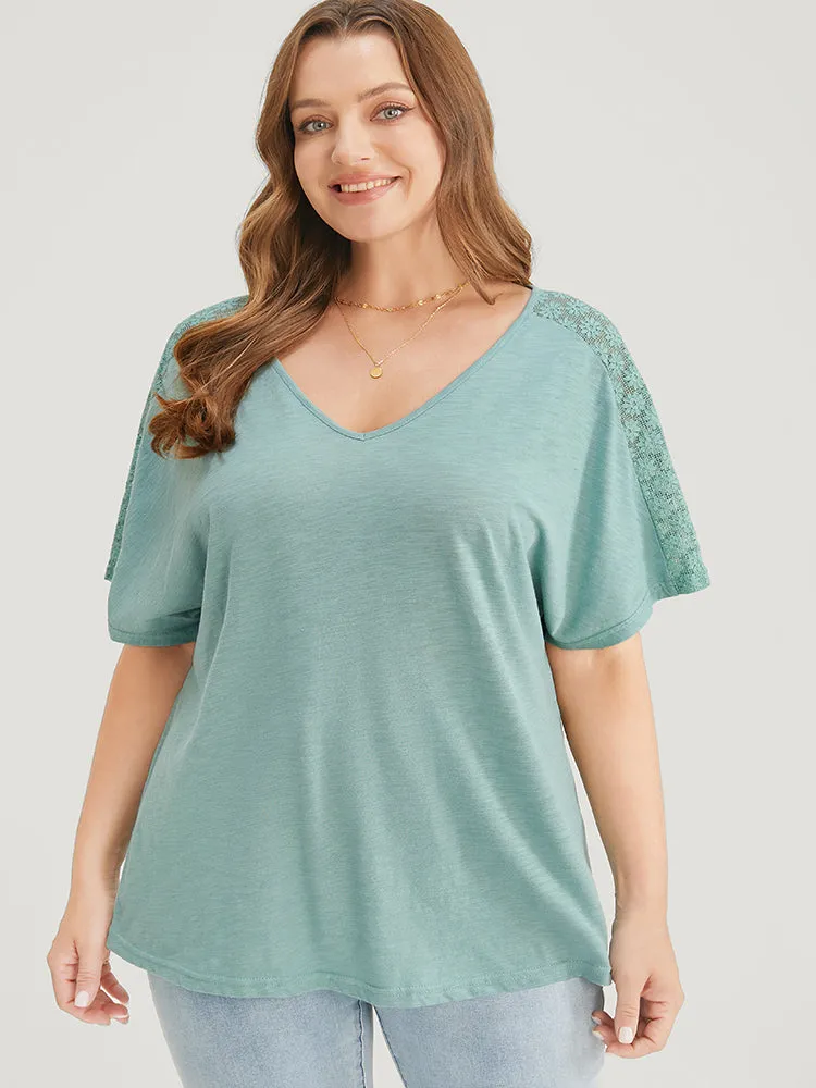 Solid Dolman Sleeve Contrast Lace Shoulder T-shirt sold by Bloomchic