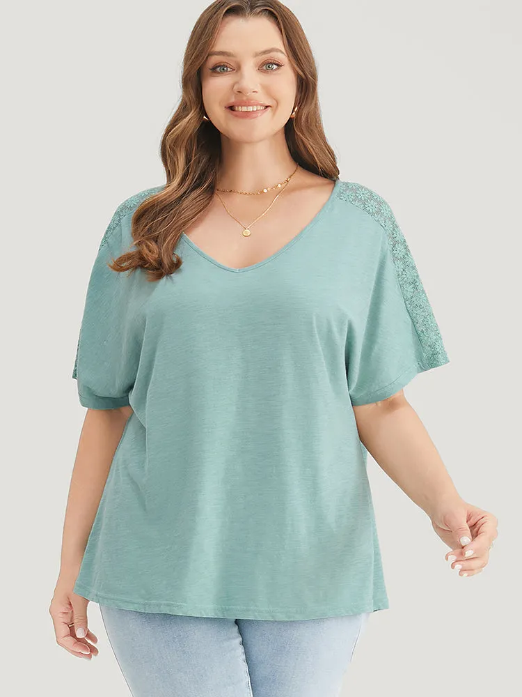 Solid Dolman Sleeve Contrast Lace Shoulder T-shirt sold by Bloomchic product image thumbnail 3