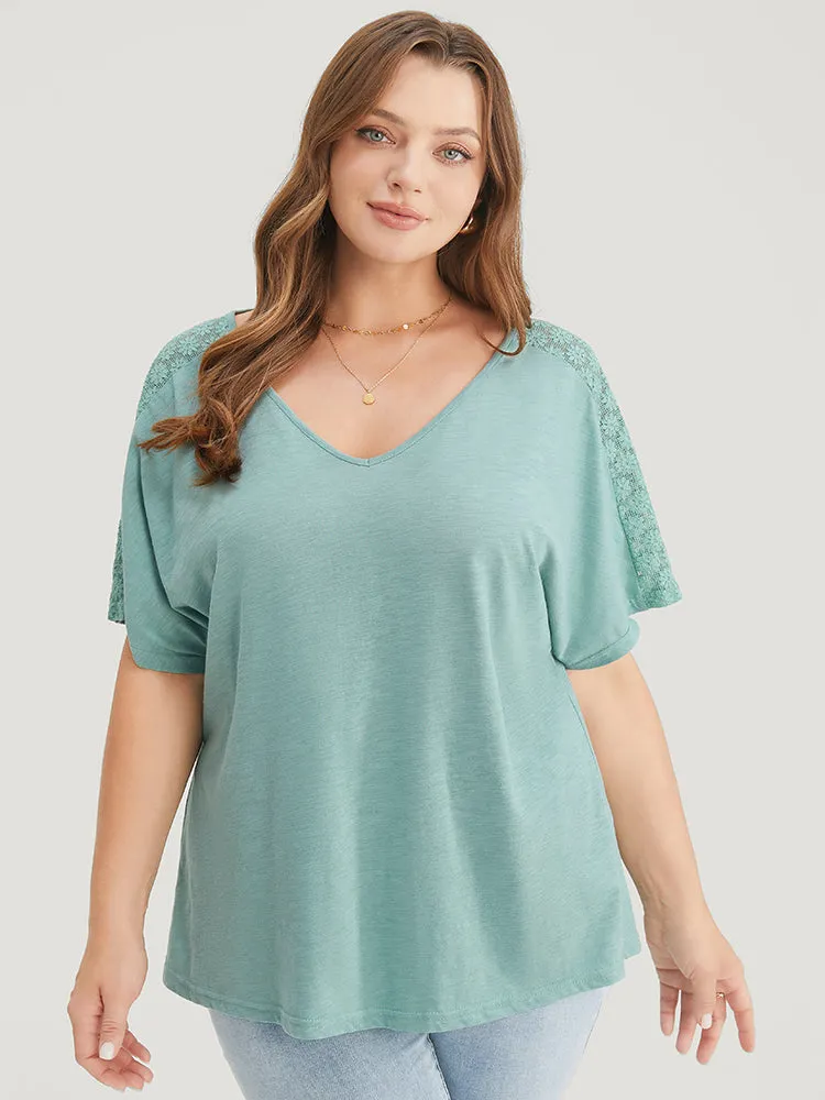 Solid Dolman Sleeve Contrast Lace Shoulder T-shirt sold by Bloomchic product image thumbnail 4