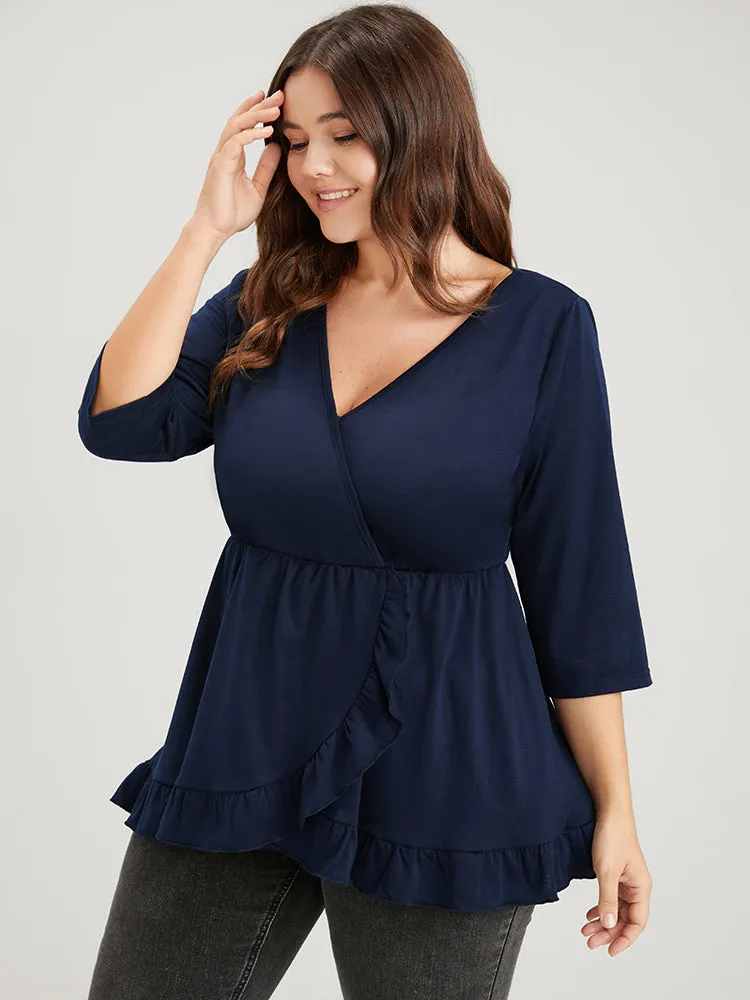 Solid Ruffles Trim Button Wrap Modal T-shirt sold by Bloomchic
