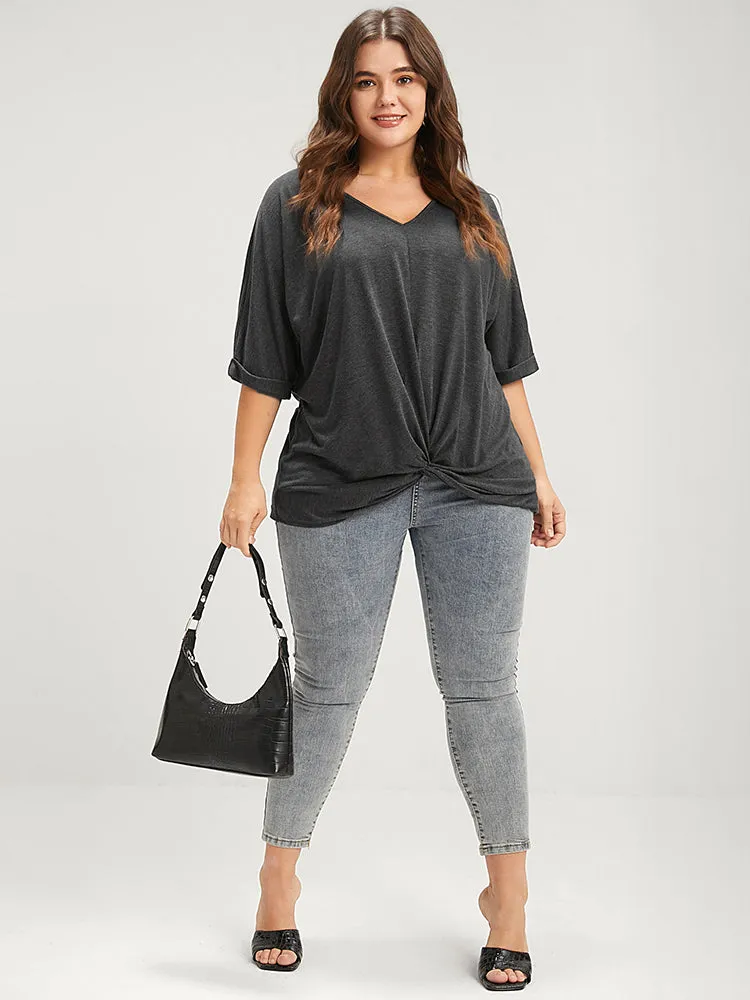 Solid Cuffed Sleeve Twist Front V Neck T-shirt sold by Bloomchic product image thumbnail 2