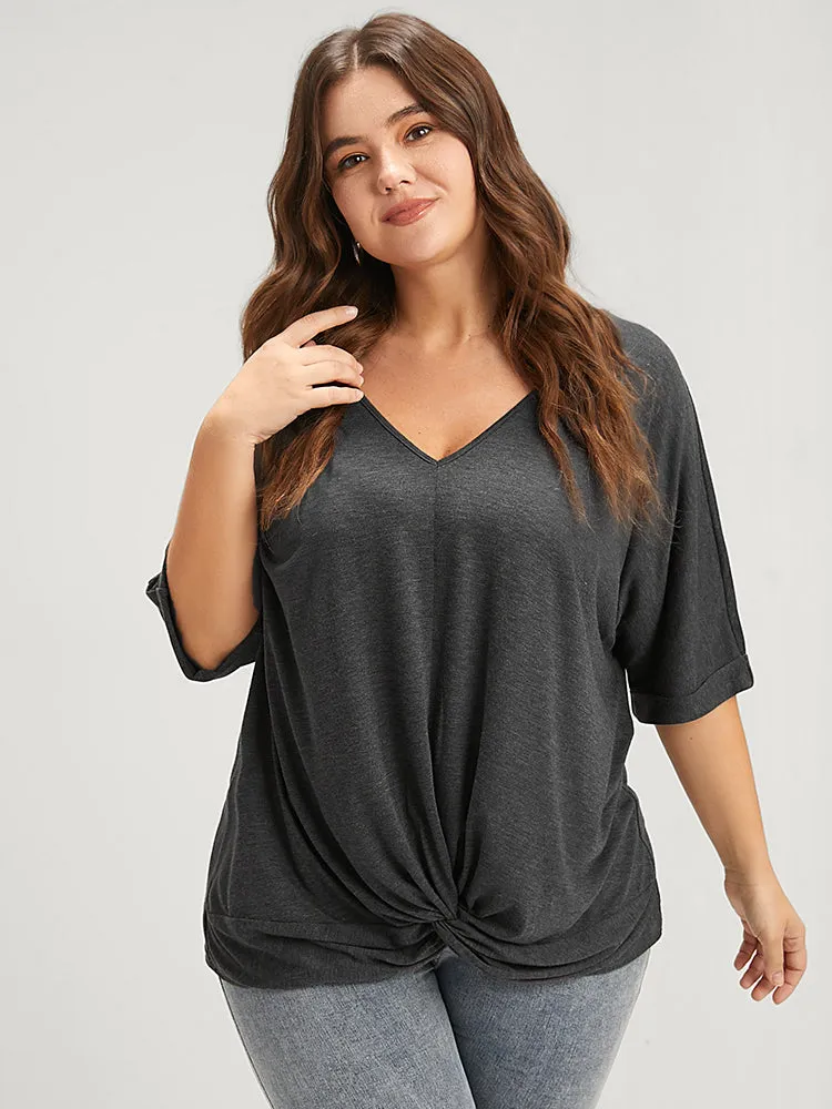 Solid Cuffed Sleeve Twist Front V Neck T-shirt sold by Bloomchic product image thumbnail 4