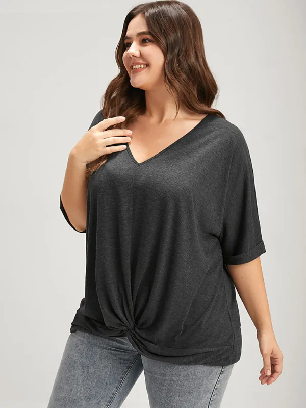 Solid Cuffed Sleeve Twist Front V Neck T-shirt sold by Bloomchic