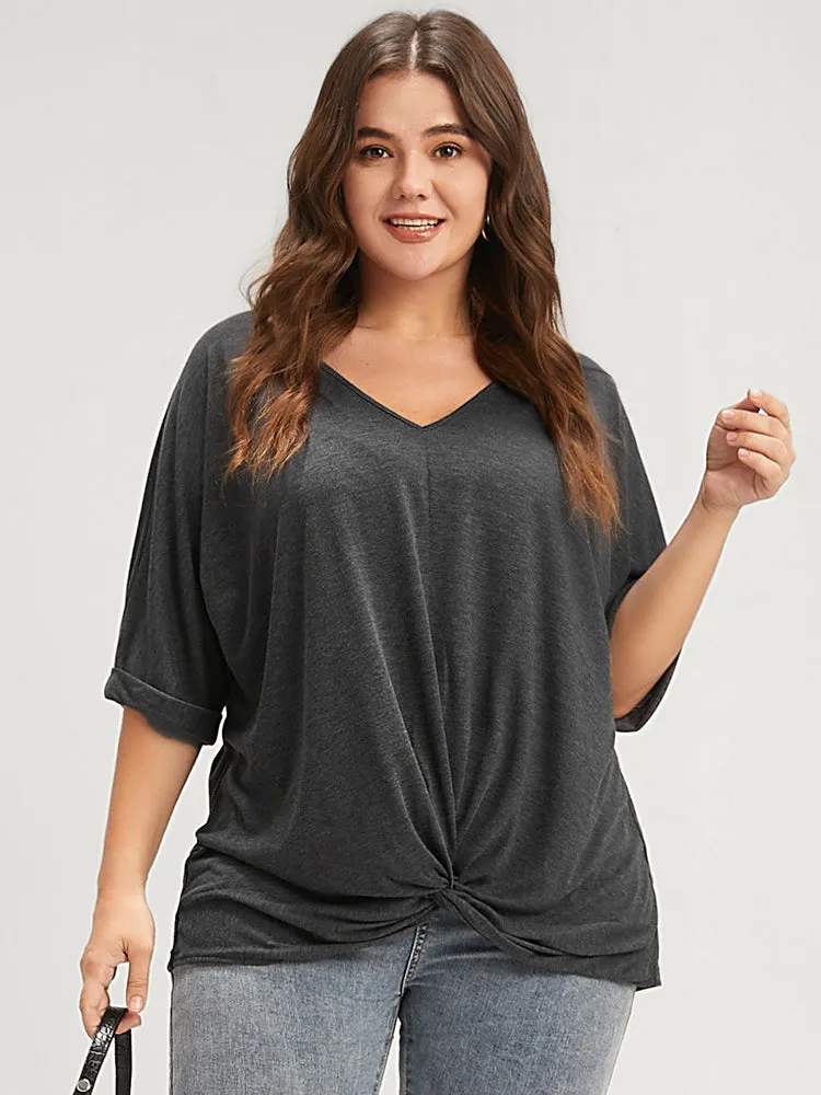 Solid Cuffed Sleeve Twist Front V Neck T-shirt sold by Bloomchic product image thumbnail 5