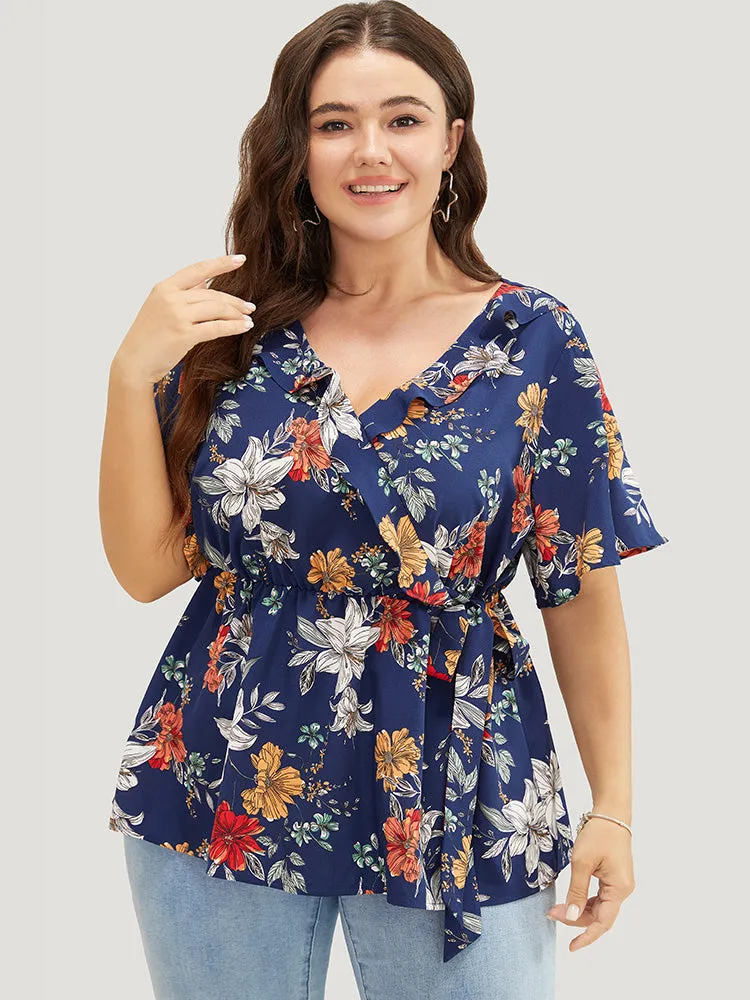 Floral Ruffle Trim Knot Side Wrap Blouse sold by Bloomchic product image thumbnail 2