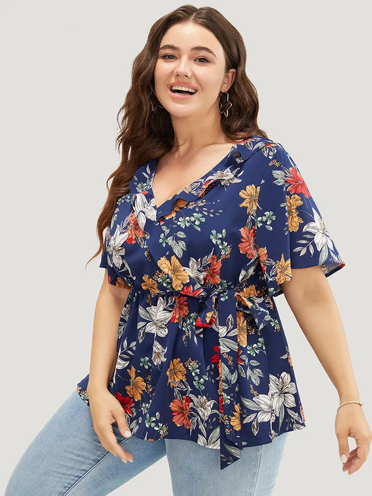 Floral Ruffle Trim Knot Side Wrap Blouse sold by Bloomchic product image thumbnail 3