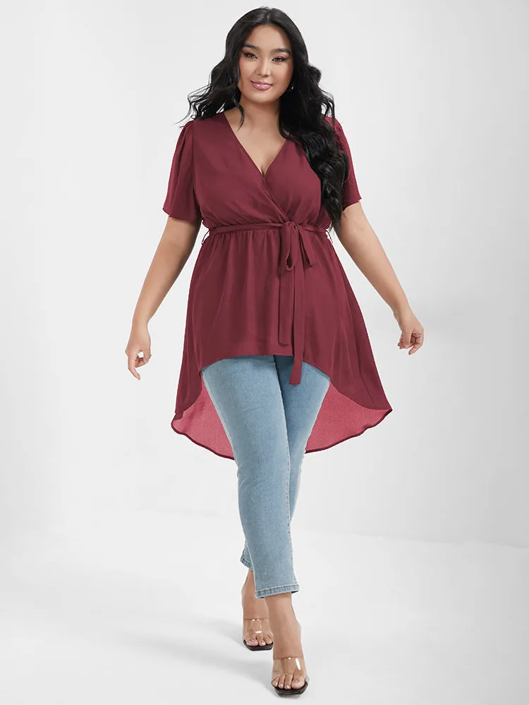 Plain Asymmetrical Hem Ruffles Belted Wrap Blouse sold by Bloomchic product image thumbnail 3