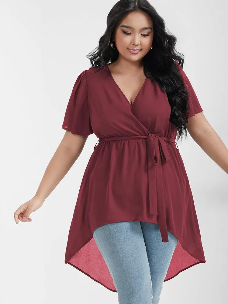 Plain Asymmetrical Hem Ruffles Belted Wrap Blouse sold by Bloomchic product image thumbnail 4