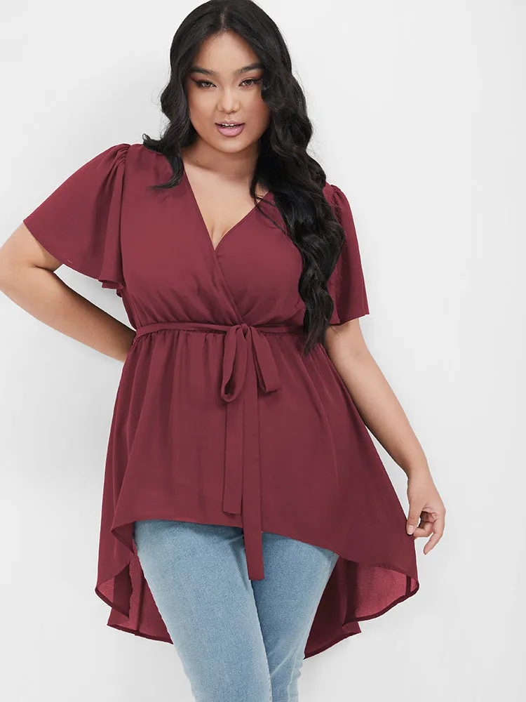 Plain Asymmetrical Hem Ruffles Belted Wrap Blouse sold by Bloomchic product image thumbnail 2