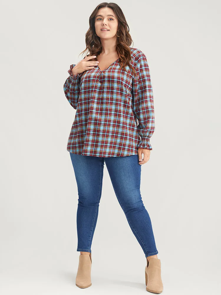 Gingham Contrast V Neck Lantern Sleeve Blouse sold by Bloomchic product image thumbnail 2