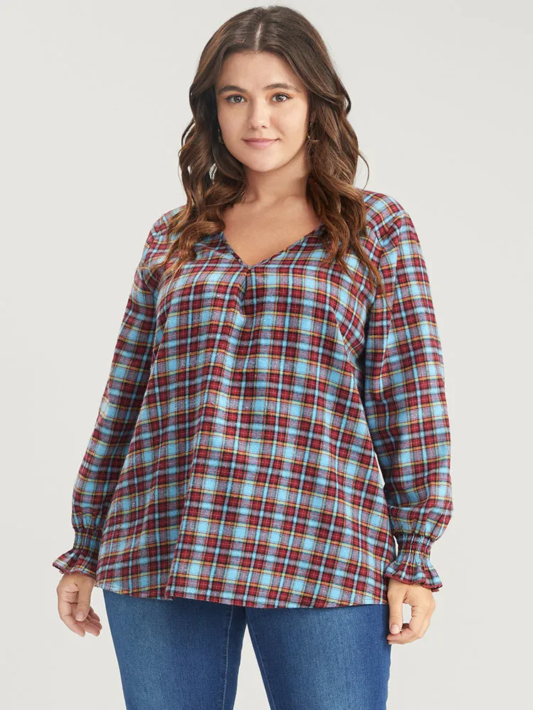 Gingham Contrast V Neck Lantern Sleeve Blouse sold by Bloomchic product image thumbnail 4