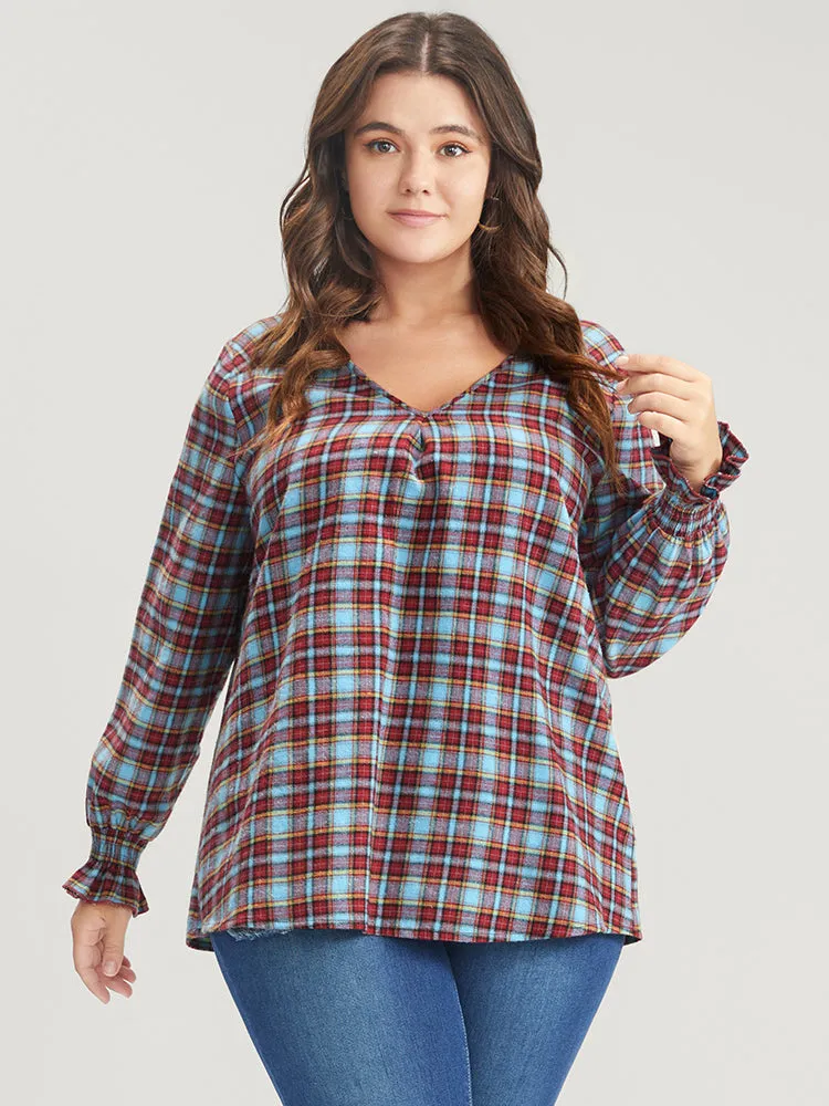 Gingham Contrast V Neck Lantern Sleeve Blouse sold by Bloomchic product image thumbnail 5