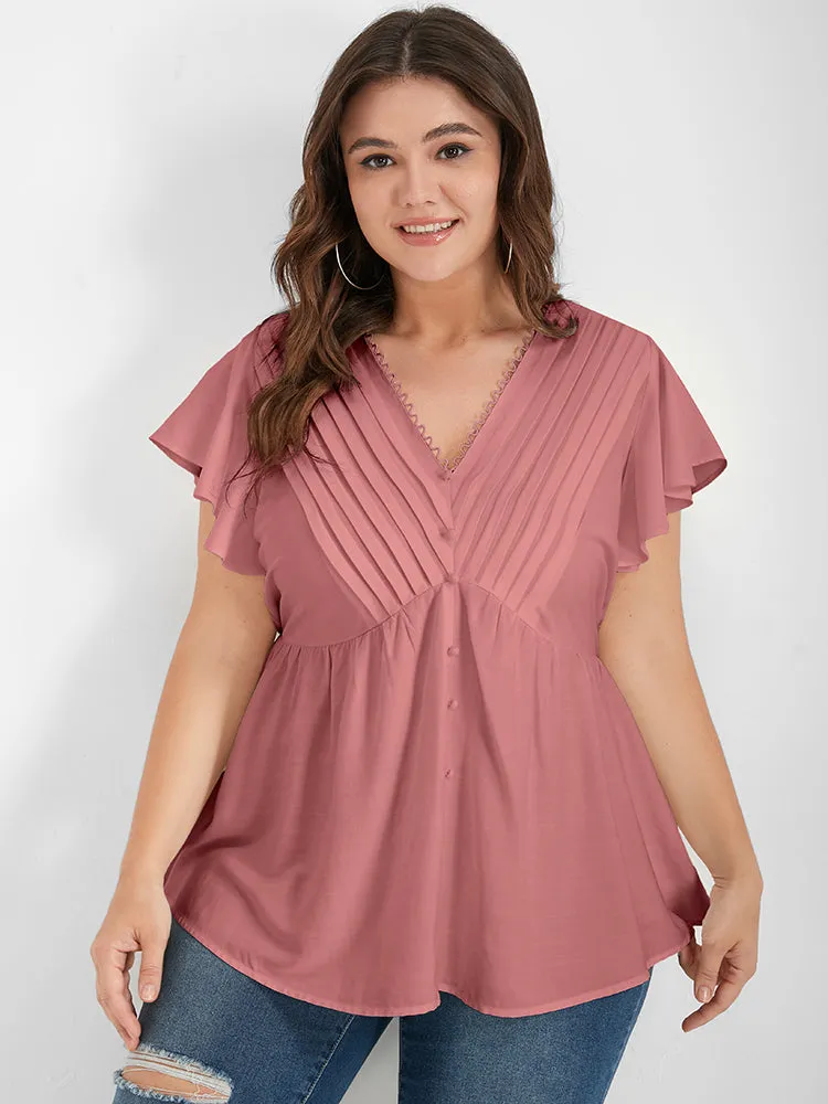 Solid Pleated Ruffled Button Lace V Neck Blouse sold by Bloomchic product image thumbnail 3