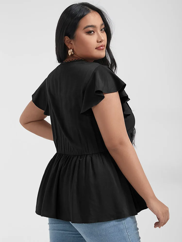 Solid Pleated Ruffled Button Lace V Neck Blouse sold by Bloomchic product image thumbnail 2