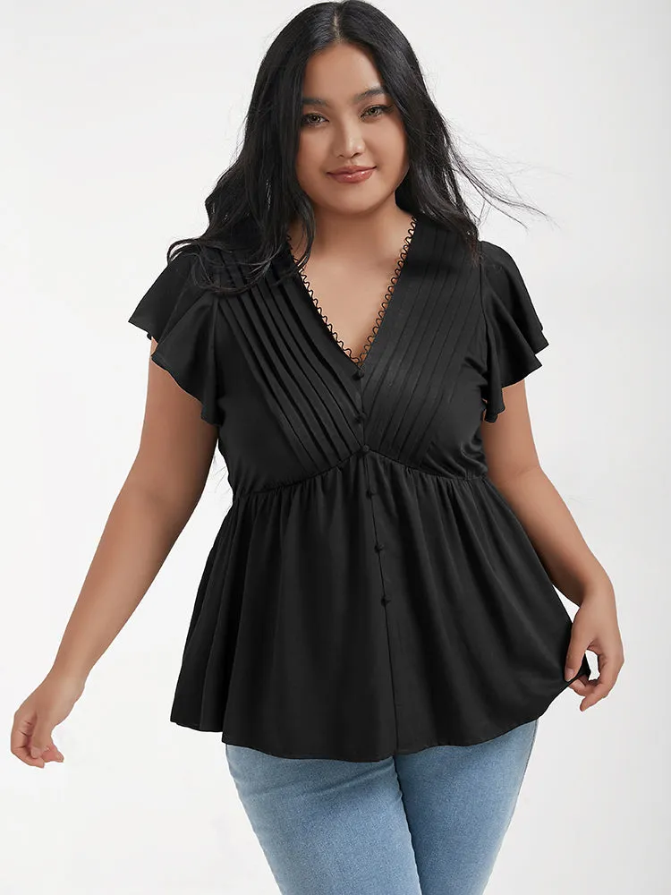 Solid Pleated Ruffled Button Lace V Neck Blouse sold by Bloomchic