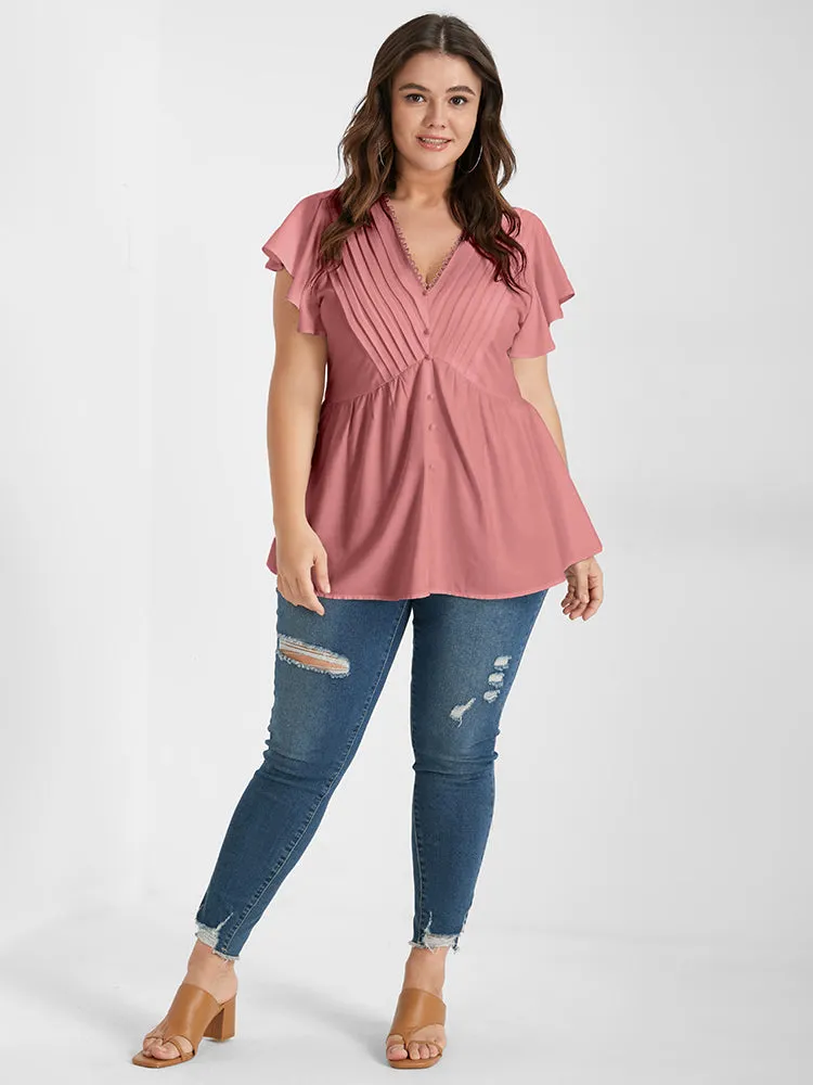 Solid Pleated Ruffled Button Lace V Neck Blouse sold by Bloomchic product image thumbnail 4