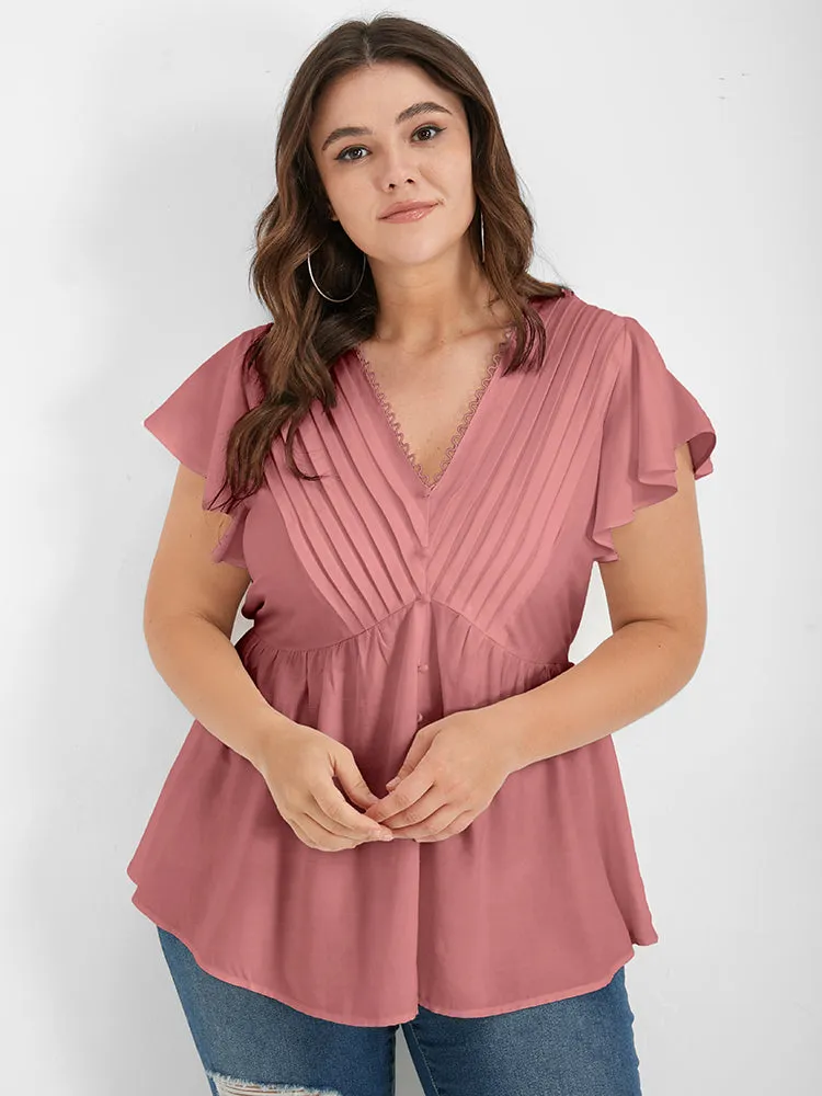 Solid Pleated Ruffled Button Lace V Neck Blouse sold by Bloomchic product image thumbnail 5