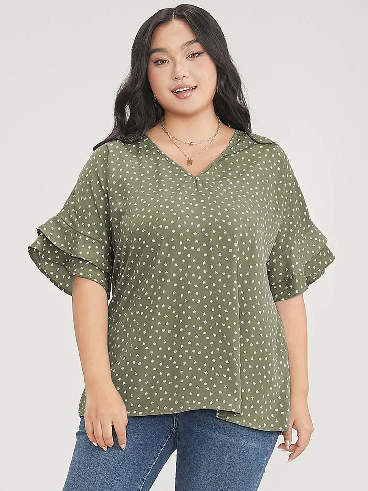 Allover Print V Neck Ruffle Tiered Sleeve Blouse sold by Bloomchic