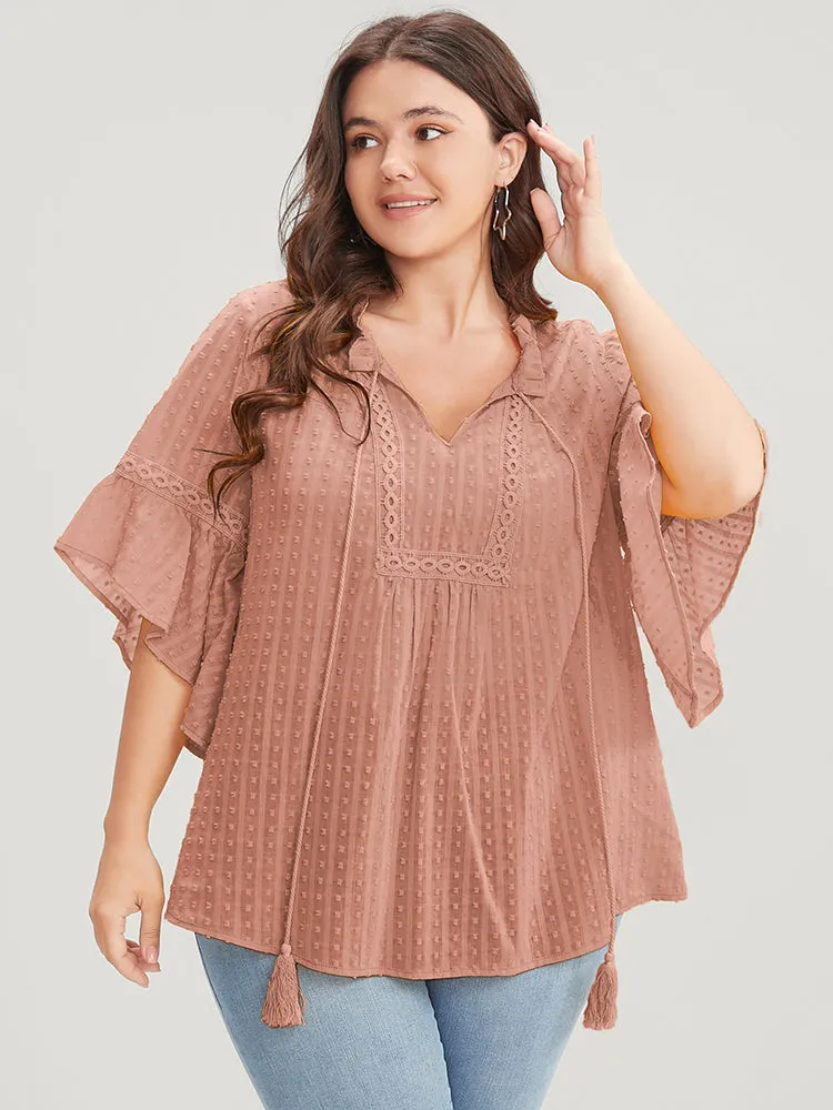 Solid Ruffles Sleeve Tie Neck Tassels Contrast Lace Blouse sold by Bloomchic