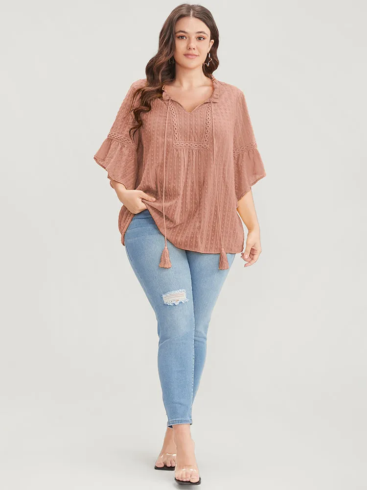 Solid Ruffles Sleeve Tie Neck Tassels Contrast Lace Blouse sold by Bloomchic product image thumbnail 2